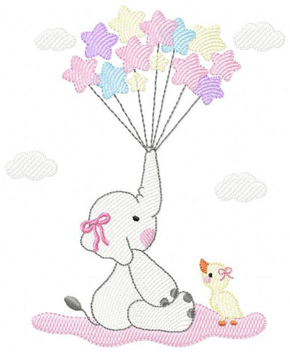 Elephant embroidery designs - Animal embroidery design machine embroidery pattern - Baby girl embroidery file - elephant with balloons sky