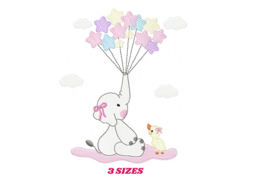 Elephant embroidery designs - Animal embroidery design machine embroidery pattern - Baby girl embroidery file - elephant with balloons sky
