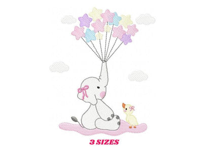 Elephant embroidery designs - Animal embroidery design machine embroidery pattern - Baby girl embroidery file - elephant with balloons sky