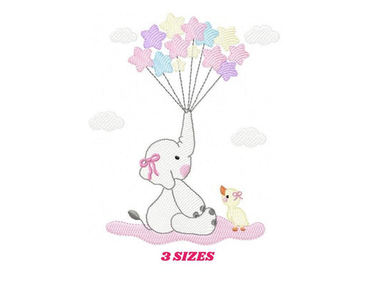 Elephant embroidery designs - Animal embroidery design machine embroidery pattern - Baby girl embroidery file - elephant with balloons sky