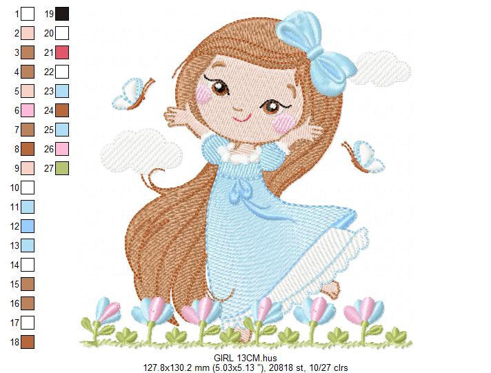 Princess embroidery designs - Girl with long hair and flowers machine embroidery pattern - Girl with lace and butterflies - Instant download