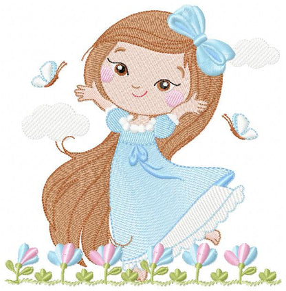 Princess embroidery designs - Girl with long hair and flowers machine embroidery pattern - Girl with lace and butterflies - Instant download
