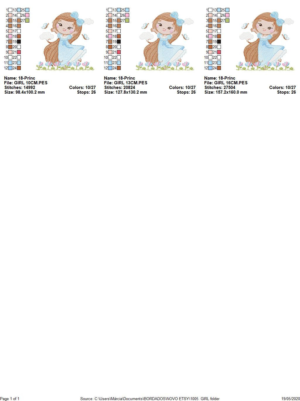 Princess embroidery designs - Girl with long hair and flowers machine embroidery pattern - Girl with lace and butterflies - Instant download