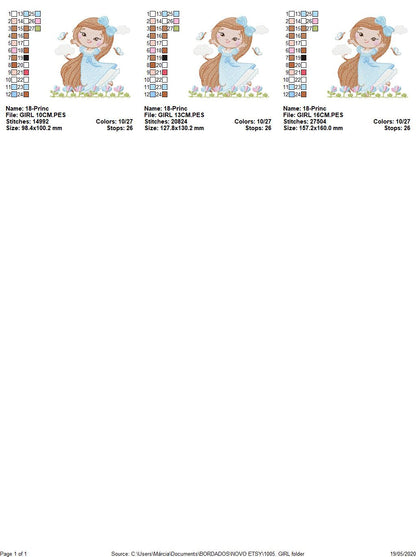 Princess embroidery designs - Girl with long hair and flowers machine embroidery pattern - Girl with lace and butterflies - Instant download