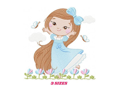 Princess embroidery designs - Girl with long hair and flowers machine embroidery pattern - Girl with lace and butterflies - Instant download