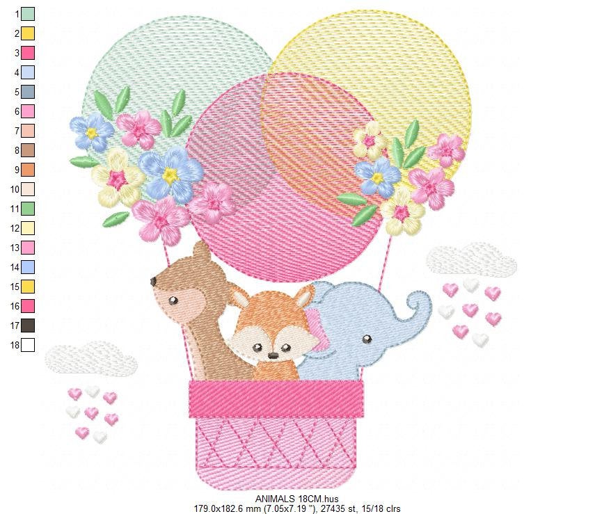 Animals in hot air balloon embroidery designs - Animals with flowers machine embroidery pattern - Elephant Deer Fox - Instant download pes