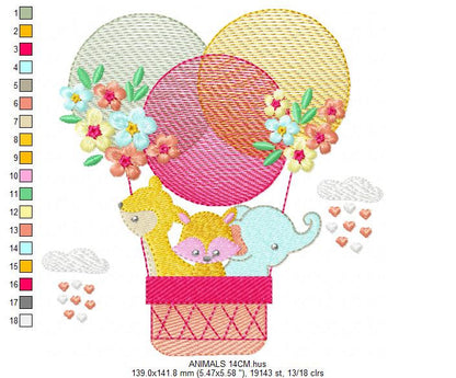 Animals in hot air balloon embroidery designs - Animals with flowers machine embroidery pattern - Elephant Deer Fox - Instant download pes