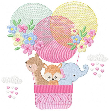 Animals in hot air balloon embroidery designs - Animals with flowers machine embroidery pattern - Elephant Deer Fox - Instant download pes