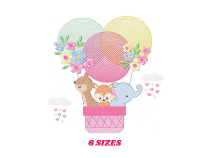 Animals in hot air balloon embroidery designs - Animals with flowers machine embroidery pattern - Elephant Deer Fox - Instant download pes