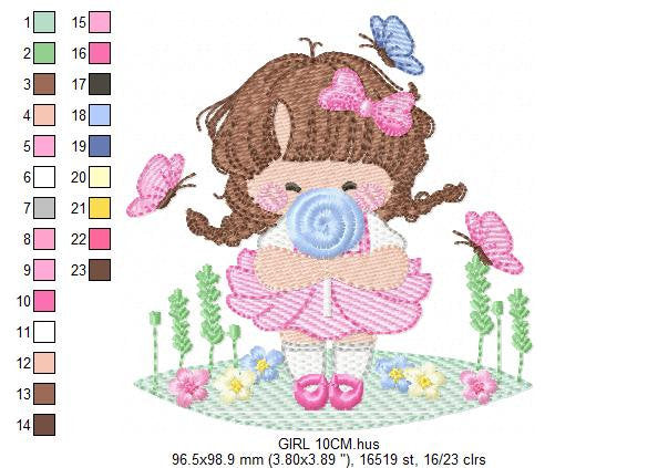 Baby girl with lollipop embroidery designs - Toddler with candy embroidery design machine embroidery - Girl with flowers - instant download