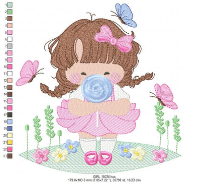 Baby girl with lollipop embroidery designs - Toddler with candy embroidery design machine embroidery - Girl with flowers - instant download