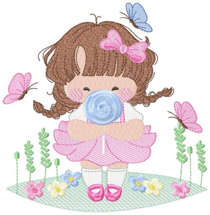 Baby girl with lollipop embroidery designs - Toddler with candy embroidery design machine embroidery - Girl with flowers - instant download