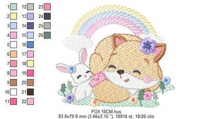 Red Fox embroidery designs - Woodland animals with rainbow machine embroidery pattern - Baby girl file - Instant digital download pes jef