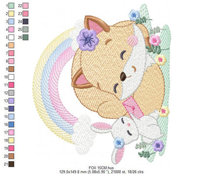 Red Fox embroidery designs - Woodland animals with rainbow machine embroidery pattern - Baby girl file - Instant digital download pes jef