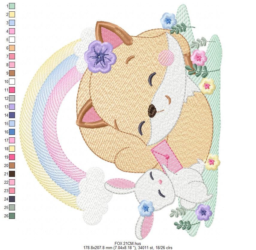 Red Fox embroidery designs - Woodland animals with rainbow machine embroidery pattern - Baby girl file - Instant digital download pes jef