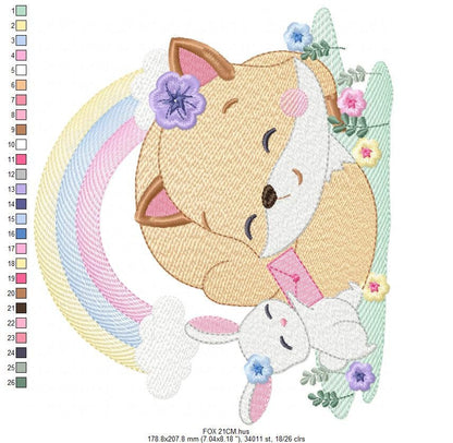 Red Fox embroidery designs - Woodland animals with rainbow machine embroidery pattern - Baby girl file - Instant digital download pes jef