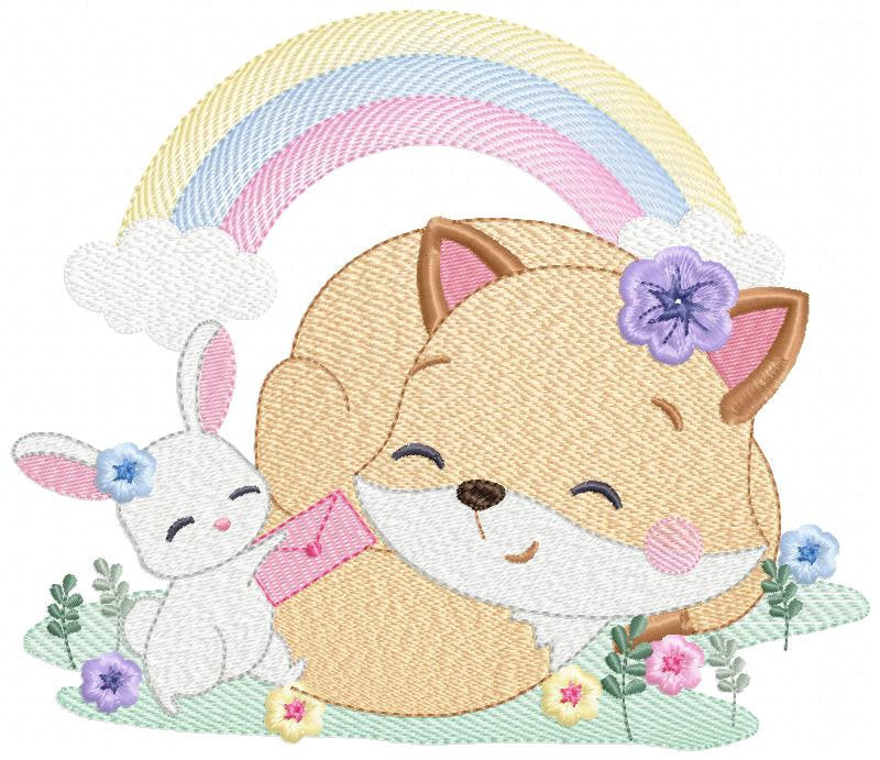 Red Fox embroidery designs - Woodland animals with rainbow machine embroidery pattern - Baby girl file - Instant digital download pes jef