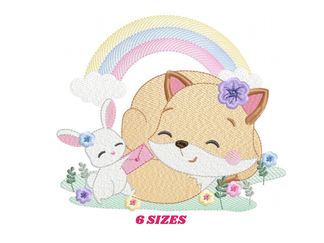 Red Fox embroidery designs - Woodland animals with rainbow machine embroidery pattern - Baby girl file - Instant digital download pes jef