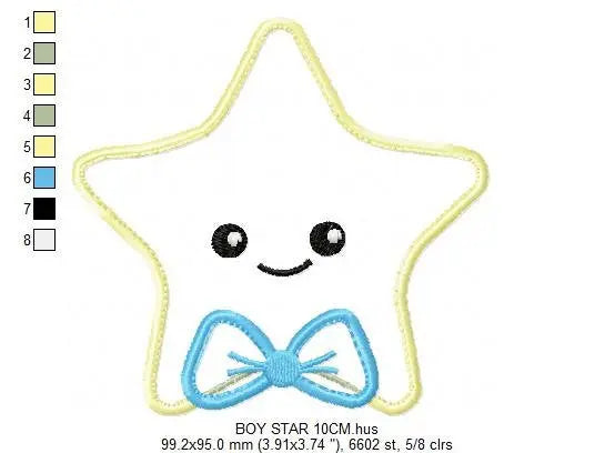 Star applique embroidery design - Baby girl and boy machine embroidery pattern - Star with bow tie and lace design - Instant download pes Marcia Embroidery