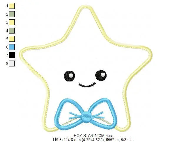 Star applique embroidery design - Baby girl and boy machine embroidery pattern - Star with bow tie and lace design - Instant download pes Marcia Embroidery