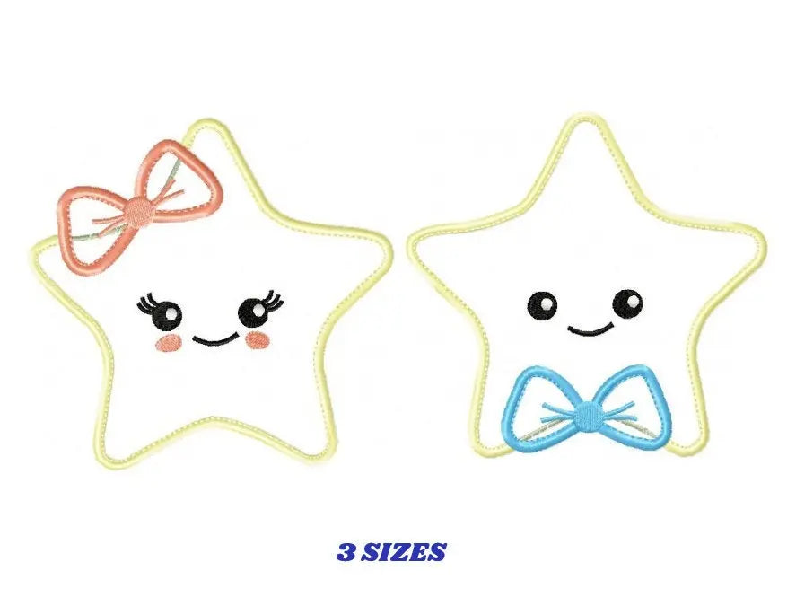 Star applique embroidery design - Baby girl and boy machine embroidery pattern - Star with bow tie and lace design - Instant download pes Marcia Embroidery