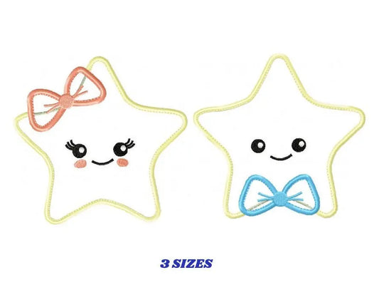 Star applique embroidery design - Baby girl and boy machine embroidery pattern - Star with bow tie and lace design - Instant download pes Marcia Embroidery