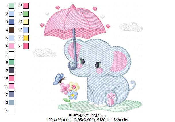 Elephant embroidery designs - Safari wild Animal machine embroidery pattern - Baby girl file - Elephant with umbrella - Instant download pes