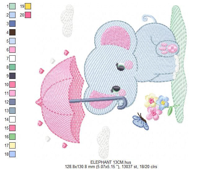 Elephant embroidery designs - Safari wild Animal machine embroidery pattern - Baby girl file - Elephant with umbrella - Instant download pes