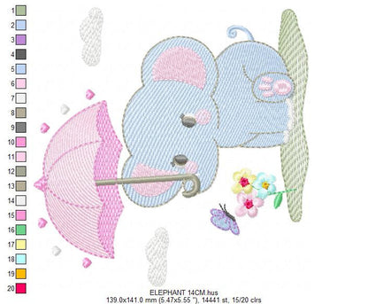 Elephant embroidery designs - Safari wild Animal machine embroidery pattern - Baby girl file - Elephant with umbrella - Instant download pes