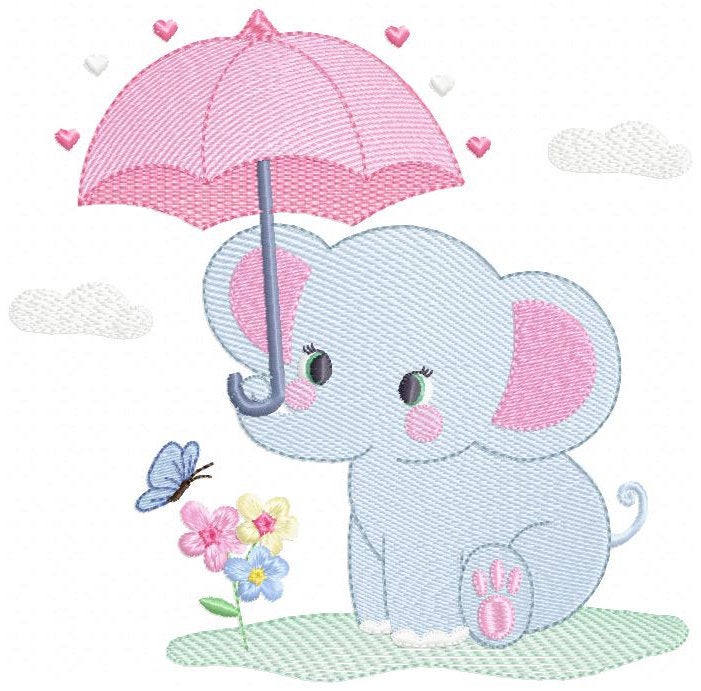 Elephant embroidery designs - Safari wild Animal machine embroidery pattern - Baby girl file - Elephant with umbrella - Instant download pes