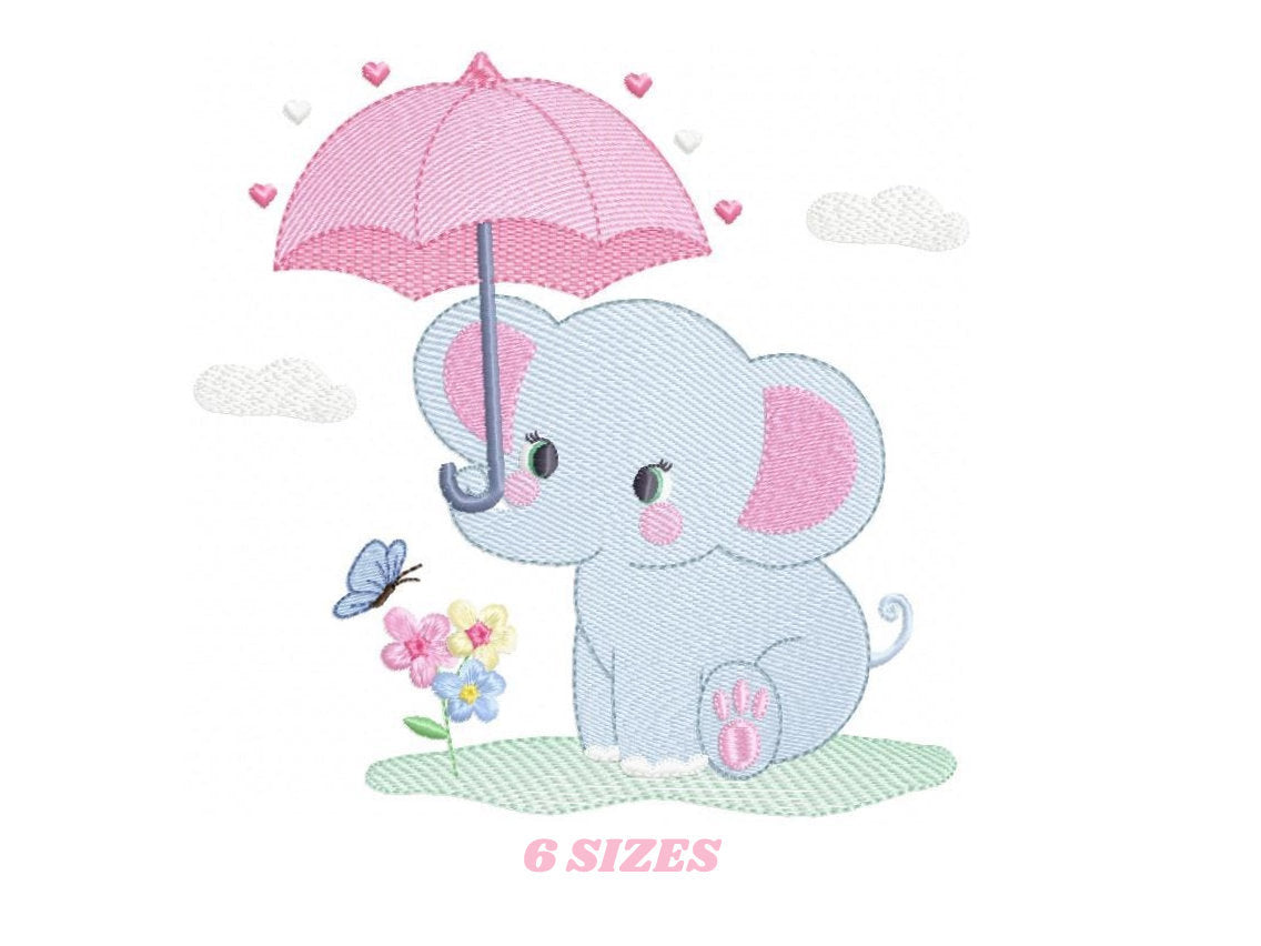 Elephant embroidery designs - Safari wild Animal machine embroidery pattern - Baby girl file - Elephant with umbrella - Instant download pes