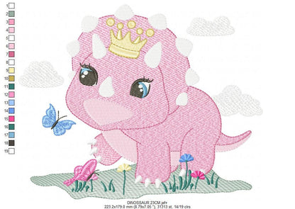 Dinosaur with flowers embroidery designs - Dino with crown machine embroidery pattern - Baby girl file Pink Triceratops - Instant download