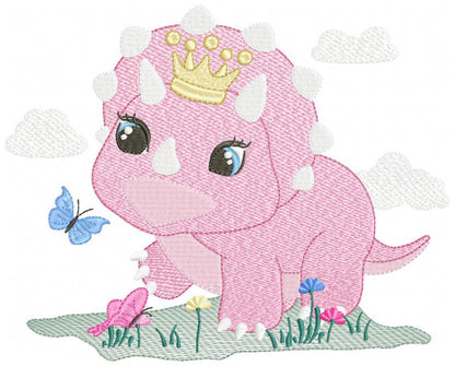 Dinosaur with flowers embroidery designs - Dino with crown machine embroidery pattern - Baby girl file Pink Triceratops - Instant download