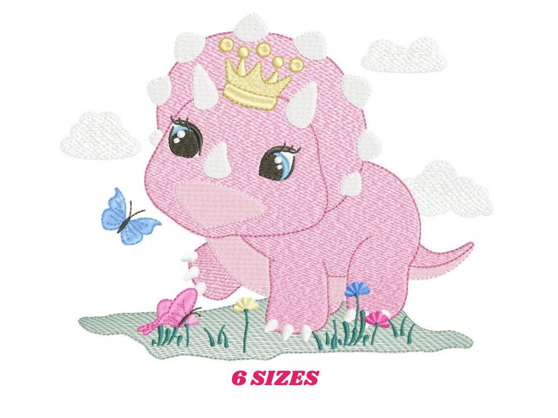 Dinosaur with flowers embroidery designs - Dino with crown machine embroidery pattern - Baby girl file Pink Triceratops - Instant download