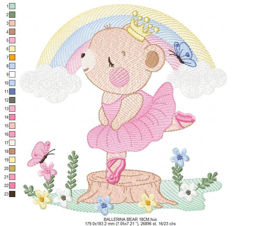 Bear embroidery designs - Ballerina embroidery design machine embroidery pattern - Baby girl embroidery file - Ballerina bear with rainbow
