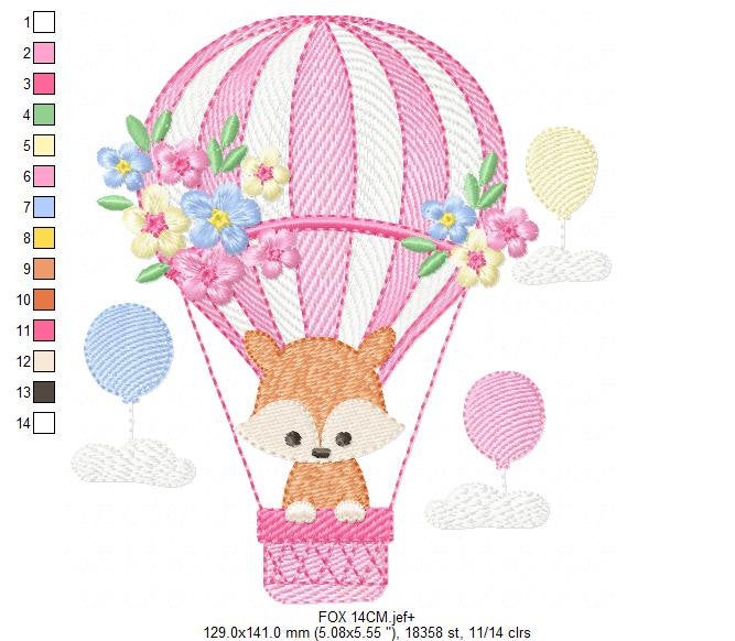 Fox embroidery designs - Hot air balloon embroidery design machine embroidery pattern - Animal embroidery file - woodland animals download