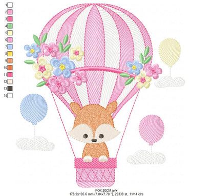 Fox embroidery designs - Hot air balloon embroidery design machine embroidery pattern - Animal embroidery file - woodland animals download