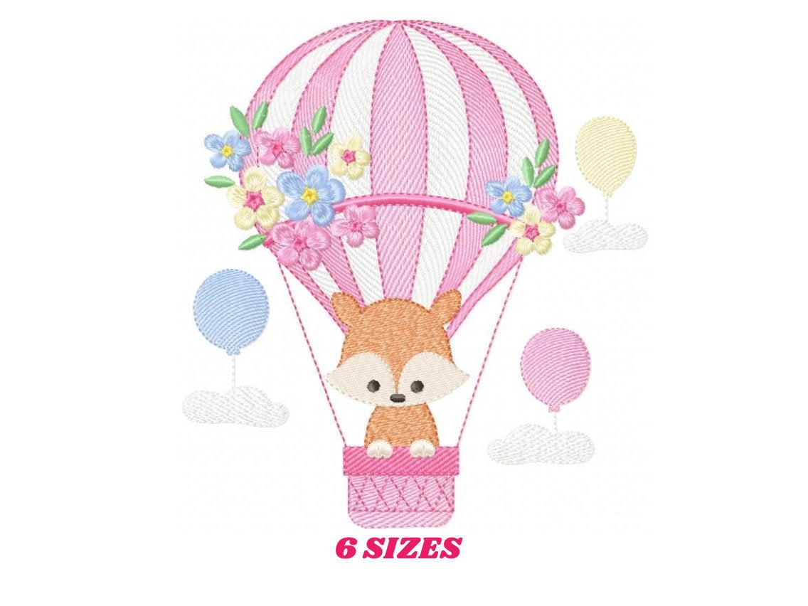 Fox embroidery designs - Hot air balloon embroidery design machine embroidery pattern - Animal embroidery file - woodland animals download