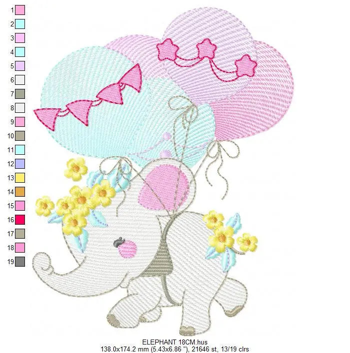 Elephant embroidery designs - Hot air balloon embroidery design machine embroidery pattern - Safari embroidery file - Elephant with balloons Marcia Embroidery