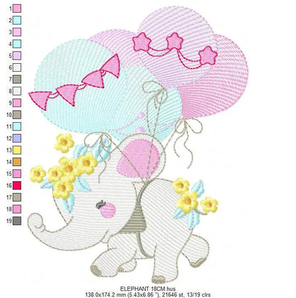 Elephant embroidery designs - Hot air balloon embroidery design machine embroidery pattern - Safari embroidery file - Elephant with balloons Marcia Embroidery