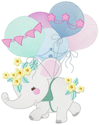 Elephant embroidery designs - Hot air balloon embroidery design machine embroidery pattern - Safari embroidery file - Elephant with balloons Marcia Embroidery