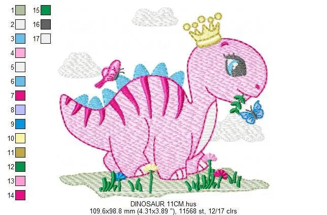 Dinosaur embroidery designs - Dino with crown machine embroidery pattern - Baby girl file Pink Stegosaurus - Instant download pes jef dst Marcia Embroidery