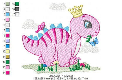 Dinosaur embroidery designs - Dino with crown machine embroidery pattern - Baby girl file Pink Stegosaurus - Instant download pes jef dst Marcia Embroidery