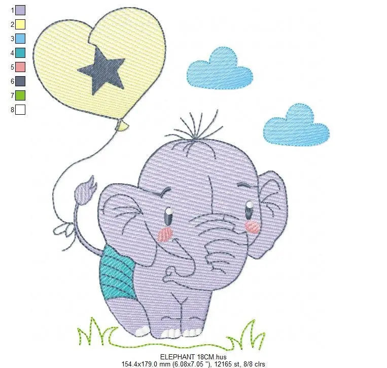 Elephant embroidery designs - Animal embroidery design machine embroidery pattern - Baby boy embroidery file - elephant with balloons sky Marcia Embroidery