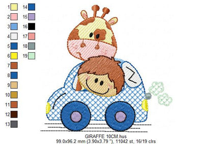 Animal in a car embroidery design - Giraffe and boy machine embroidery pattern - Baby boy embroidery file - Giraffe car - Instant download