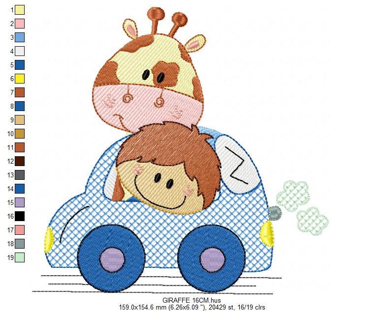 Animal in a car embroidery design - Giraffe and boy machine embroidery pattern - Baby boy embroidery file - Giraffe car - Instant download