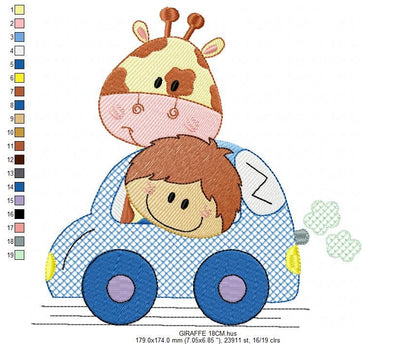 Animal in a car embroidery design - Giraffe and boy machine embroidery pattern - Baby boy embroidery file - Giraffe car - Instant download