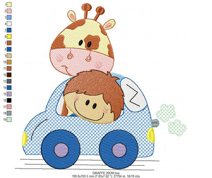 Animal in a car embroidery design - Giraffe and boy machine embroidery pattern - Baby boy embroidery file - Giraffe car - Instant download