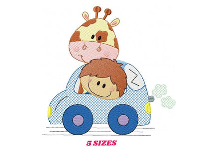 Animal in a car embroidery design - Giraffe and boy machine embroidery pattern - Baby boy embroidery file - Giraffe car - Instant download
