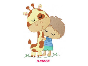 Baby Boy hugging Giraffe embroidery design - Wild Animal embroidery designs machine embroidery pattern - Boy with giraffe - instant download